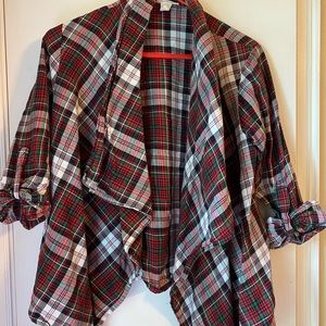 Red, white, and green cardigan/flannel
